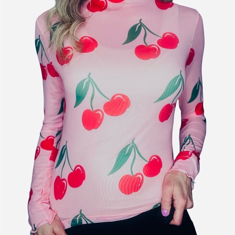 Cherry Print Sheer Pink Top